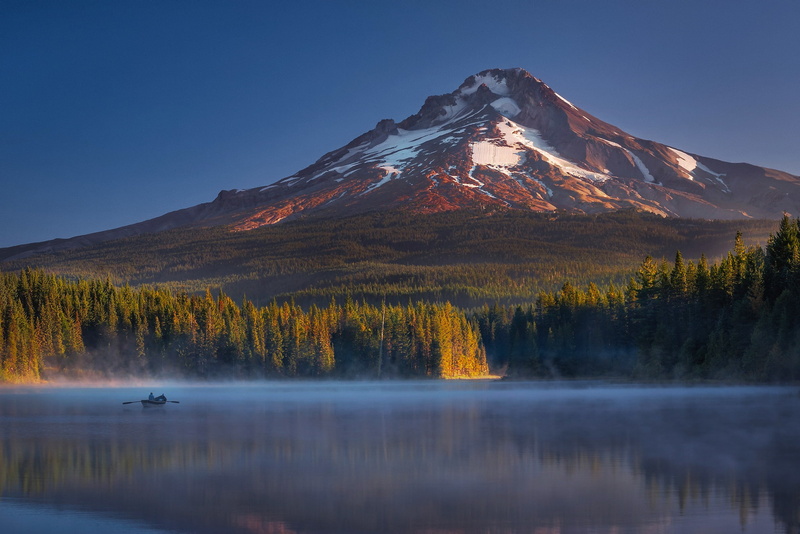 shadows, boat, people, 1080P, forest, lake, Oregon, mountain, Mount Hood, autumn, state, USA, TRILLIUM, light