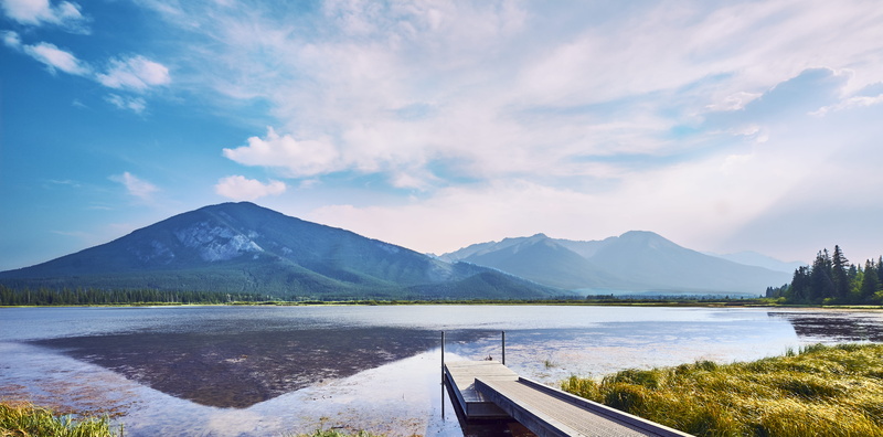 water, landscape, tranquil scene, canada, vermilion lakes, no people, land, beauty in nature, 5K, scenics - nature, sky, environment, mountain range, mountain peak