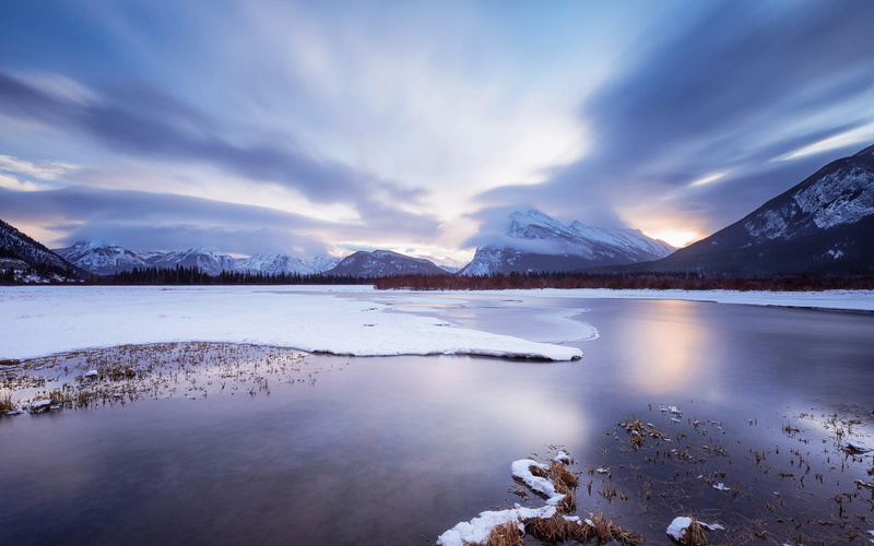 vermilion, lake, 1080P, ice, snow, sunset, mountain, cloud