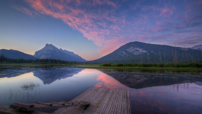 scenics - nature, mountain, dawn, mountain range, beauty in nature, loch, 1080P, no people, vermilion lakes, sky, banff national park, water, sunset, dusk