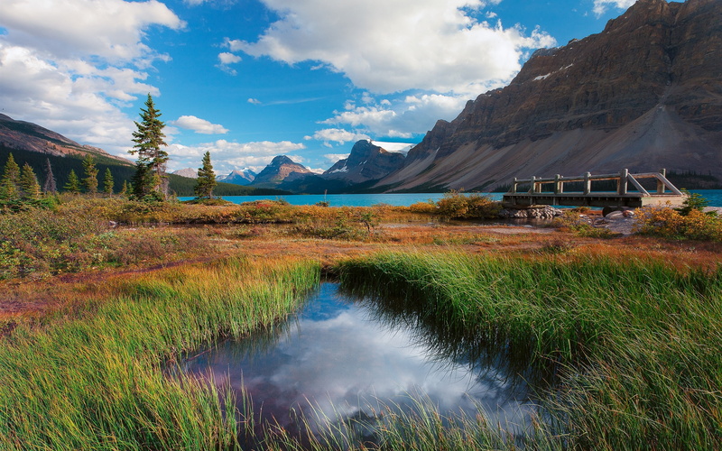 Mountains, Park, National, 2K, Canada, Bridge, Banff, Grass, Lake, Trees, Alberta