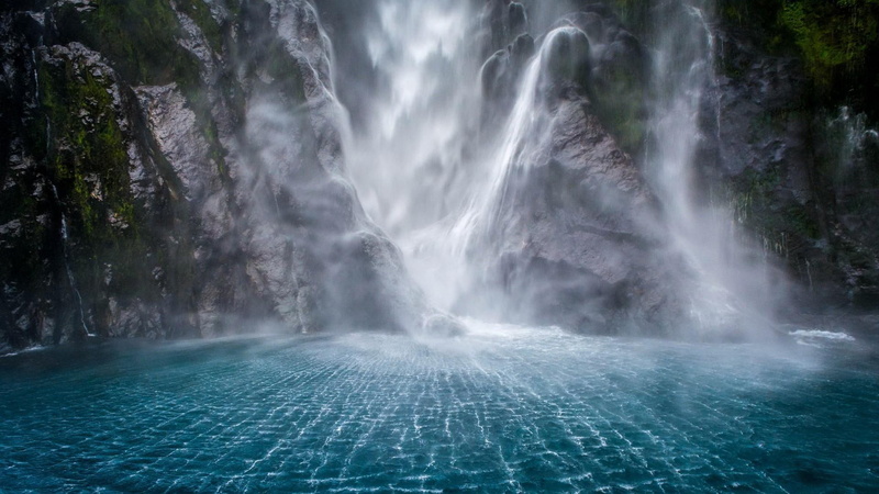 rocks, new zealand, gorgeous, rocky, waterfall, blue water, 1080P, milford sound