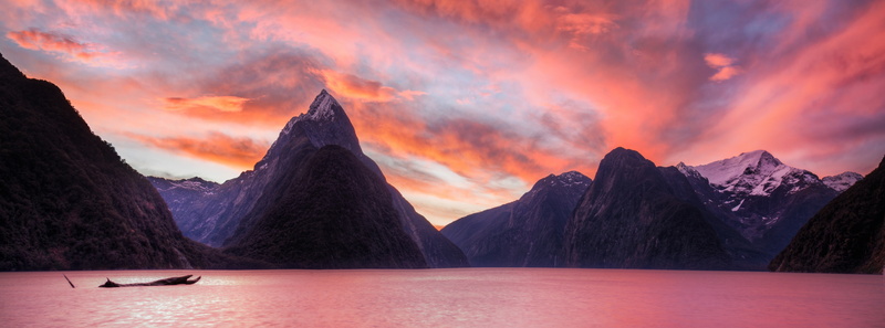 Sunset, near, Peaks, cloud - sky, nautical vessel, mountain range, 5K, Evening, ocean, sound, lake, water, landscape, tranquil scene, panoramic, Clouds