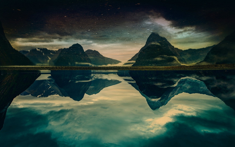 landscape, sky, mountains, water, 720P, nature, New Zealand, morning, reflection, fjord, Milford Sound, dark