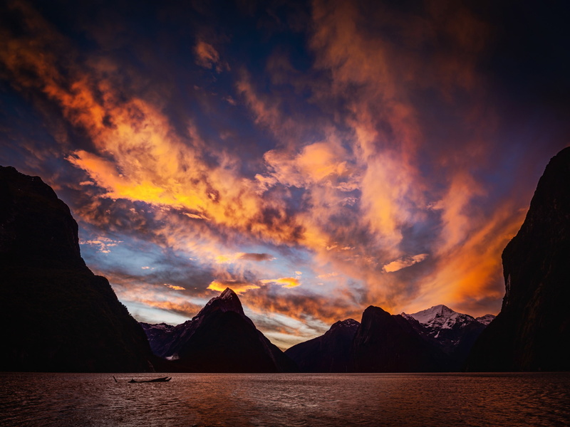 Sunset, Sea, 2K, sound, Milford, Zealand, Clouds, Mountains, New