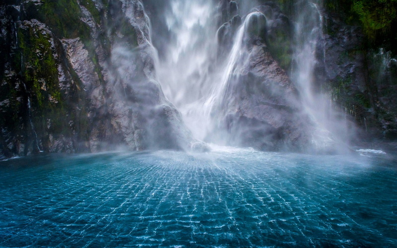 white, sea, mist, cliff, New Zealand, mountains, water, waterfall, fjord, moss, landscape, nature, blue, Milford Sound, 1080P