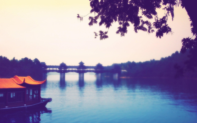 house, Chinese, Township, 1080P, Bridge, Landscape, orange, roofed, River