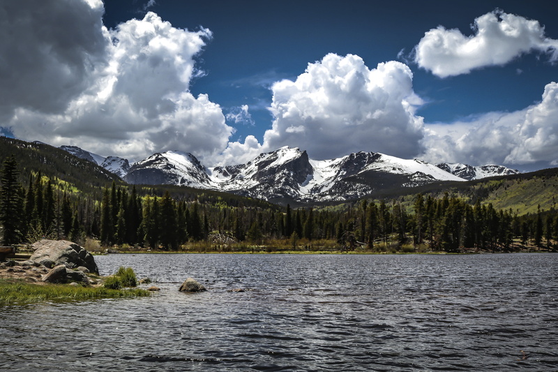 rocky mountains, mountain peak, tranquility, water, cloud - sky, cold temperature, national parks, nature, pine tree, trails, mountains, estes park, outdoors