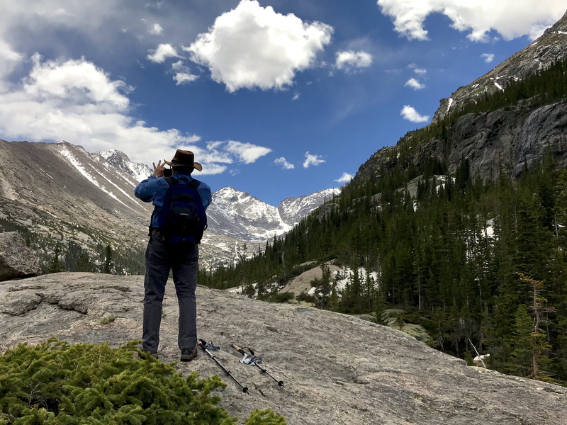 mountain range, trip, day, mountain, non-urban scene, nature, lifestyles, hiking, national parks, forest, colorado, sky, full length, one person, lake