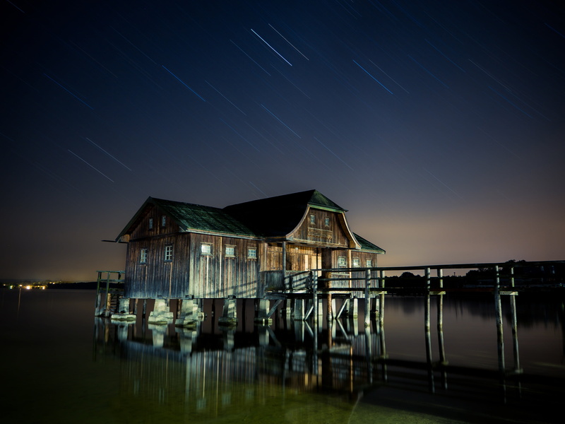 silent, brown, illuminated, stilt houses, astronomy, tranquil scene, waters, boat house, bavaria, star, no people, away, green, house, sea, water, lake