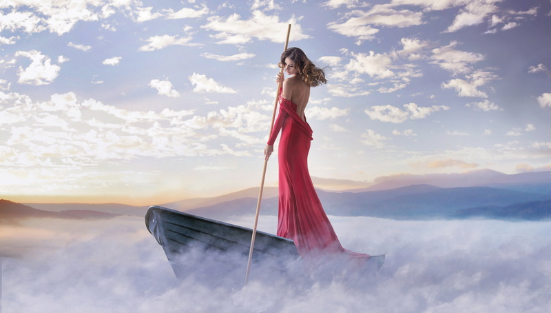 dream, dress, fog, boat, mood, babe, 4K, lake, pole, girl, cleavage