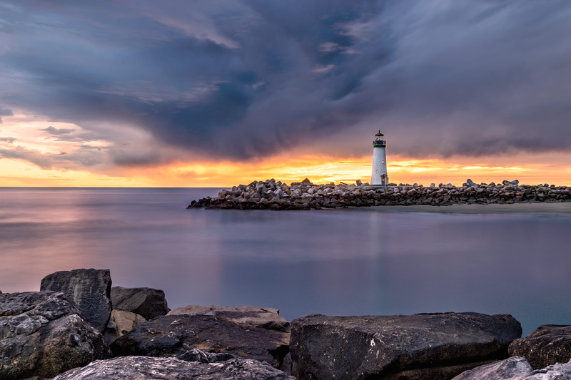 shore, californium, scenics - nature, ocean, guidance, beach, lighthouse, santa cruz, body, building, no people, rock, beside, tower, cloud, sea, calm water