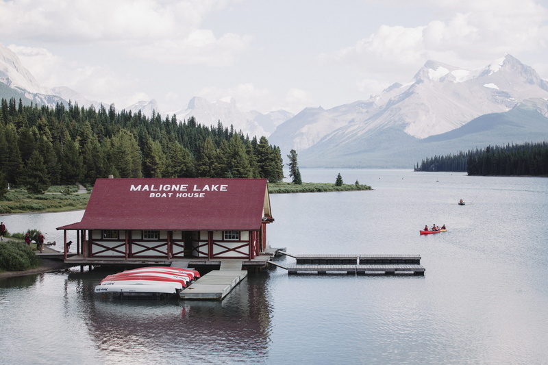 white, lake, maligne, boat, tree, boat house, red, mountain, dock, scenics - nature, tranquility, body, nature, cloud - sky, outdoors, water, no people