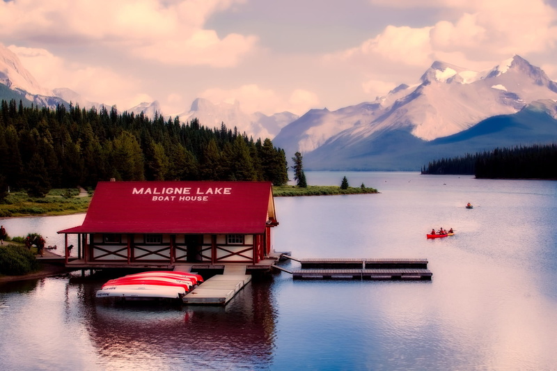 maligne lake, nature, transportation, lake, forest, dock, sky, waterfront, nautical vessel, clouds, tree, snow, scenics - nature, cloud - sky, boat house