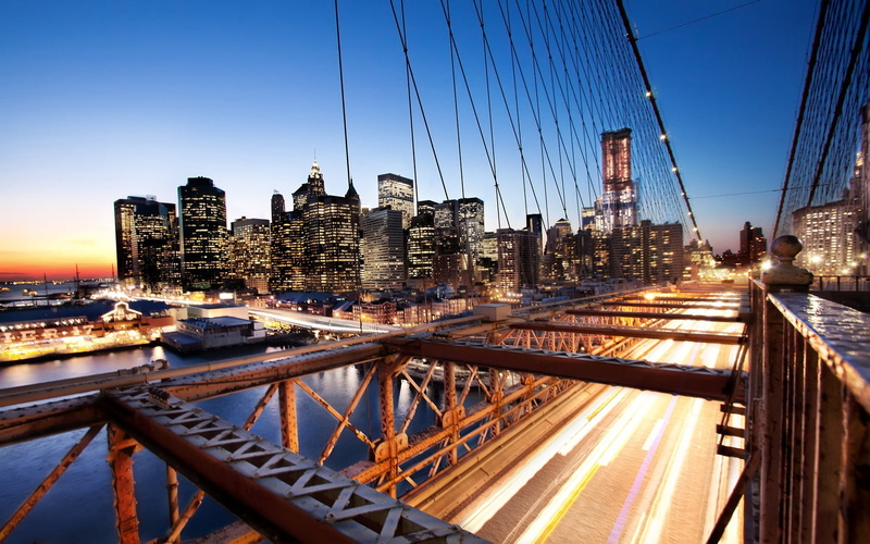 lights, manhattan Bridge, bridge - Man Made Structure, freedom Tower - New York, no People, building Exterior, 720P, outdoors, skyscraper, transportation