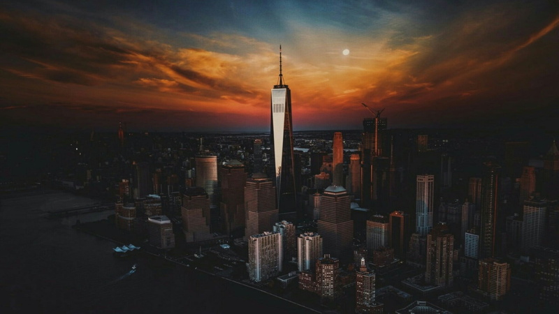 tower, urban skyline, no people, built structure, 1080P, spire, travel destinations, building exterior, cityscape, skyline, orange sky, outdoors, modern