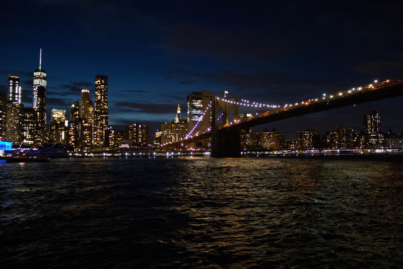brooklyn bridge park, architecture, city, cityscape, financial district, night, bridge - man made structure, transportation, united states, water, waterfront