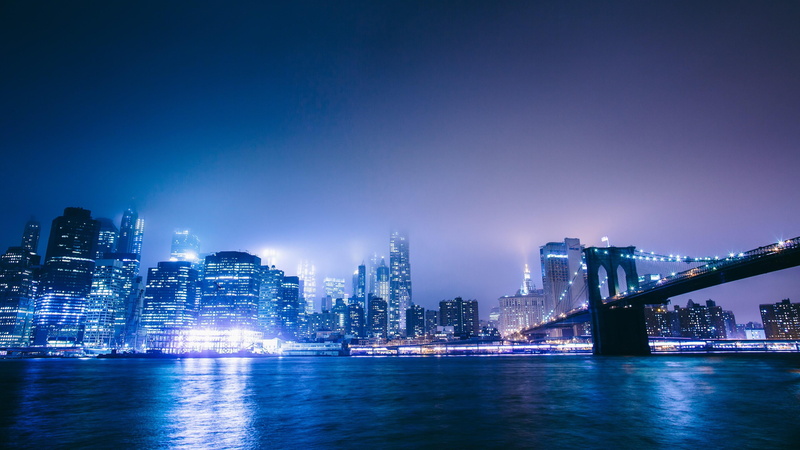 tall - high, no people, architecture, landscape, 4K, new york city, water, financial district, illuminated, built structure, usa, brooklyn bridge, night