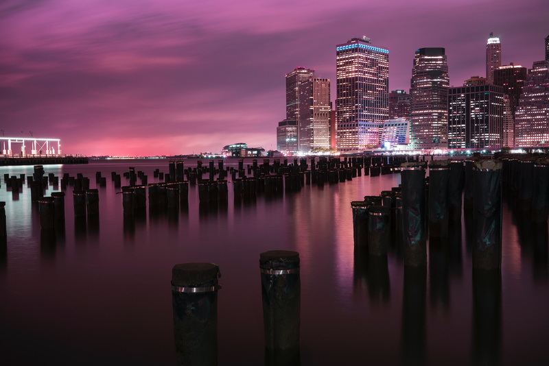 4K, Reflections, New York City, Night, Brooklyn Bridge Park, 8K, River, City lights, 8K