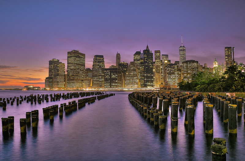 USA, New York, support, lights, the city, skyscrapers, building, East River, the evening, sunset, river, purple, orange, shore, the sky, Lower Manhattan