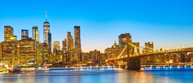 blue, building exterior, downtown, nyc, bridge, landscape, cityscape, modern, skyline, brooklyn, office building exterior, 5K, illuminated, transportation