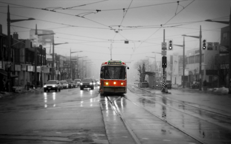 1080P, tram, street, selective coloring, traffic, Toronto, urban