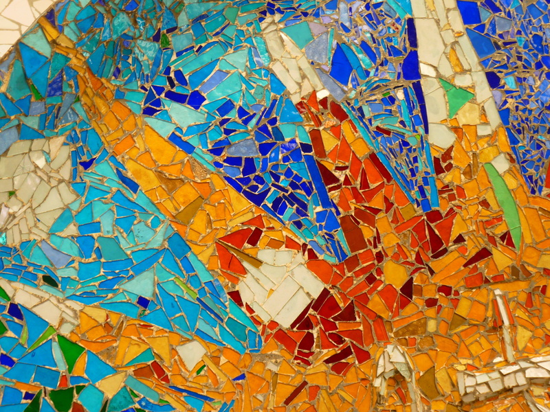 blue, park güell, no people, ceiling, creativity, large group of objects, glass, craft, close-up, day, tile, built structure, choice, indoors, gaudí, multicolored