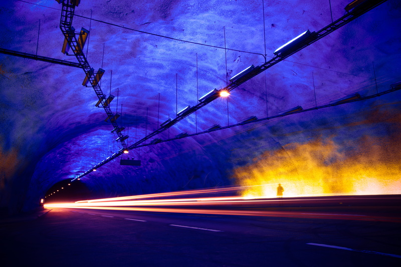 tunnel, 5K, architecture, no people, glowing, light, travel, sign, illuminated, symbol, norway, road marking, laerdal tunnel, infrastructure, street, long exposure