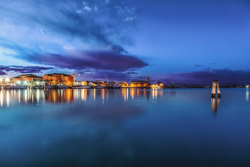 dark, harbor, no people, river, structure, sunset, architecture, lights, built structure, body, building exterior, sky, water, infrastructure, clouds, cityscape