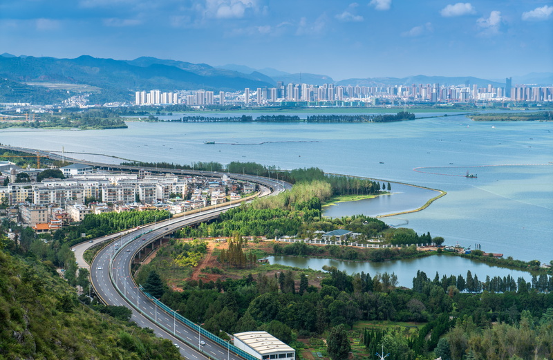 kunming, highway, day, water, high angle view, bridge, architecture, transportation, in yunnan province, cityscape, plant, built structure, connection