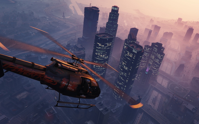 city, nature, posters, sunset, gta, 2K, no people, outdoors, building exterior, office building exterior, skyscraper, theft, h, transportation, helicopter