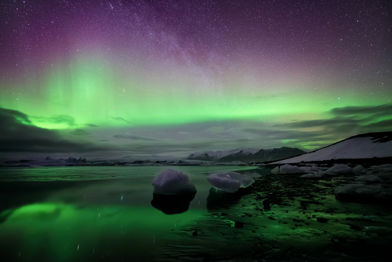 sky, water, blue, 1080P, spring, borealis, planet - Space, outdoors, nature, snow, the milky way, Jökulsárlón, Northern lights, backgrounds, lake, cold temperature