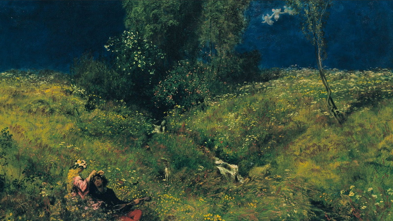landscape, painting, green, 720P, oil painting, night, couple, spring, traditional art, classic art