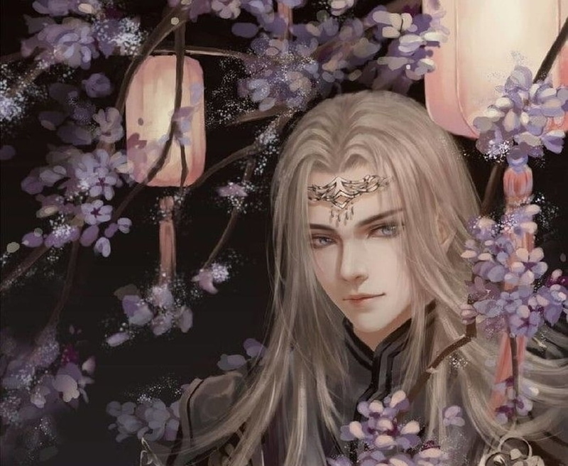 man, black, flower, hairstyle, Prince, purple, adult, asian, wisteria, young women, night, front view, 480P, blond hair, plant, young adult, portrait