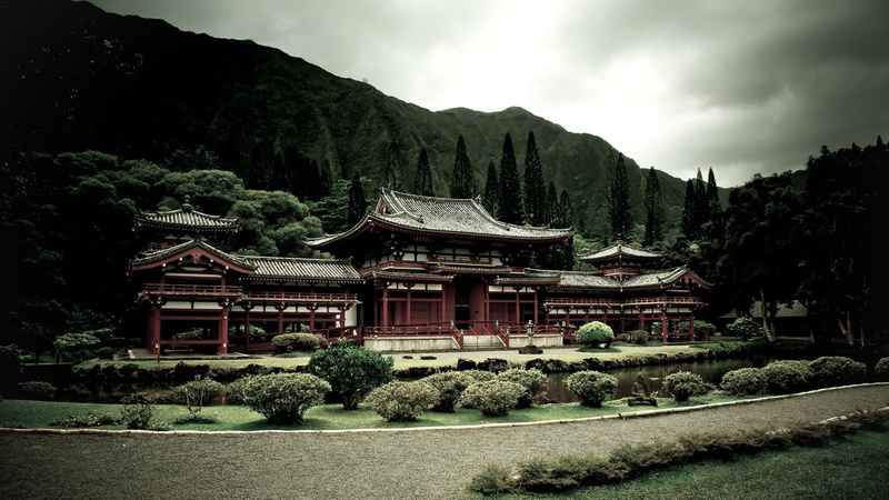 Asian Architecture, Japan, In Temple, Trees, mountains, Temple, clouds, landscape, forest, Zen, 1080P, Filter, lake, path, architecture, garden, building