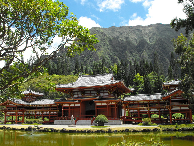 quiet, nature, building exterior, growth, tranquility, byodo-in temple, day, oahu, travel, hawaii, shrine, plant, architecture, buddhism, religion, sky