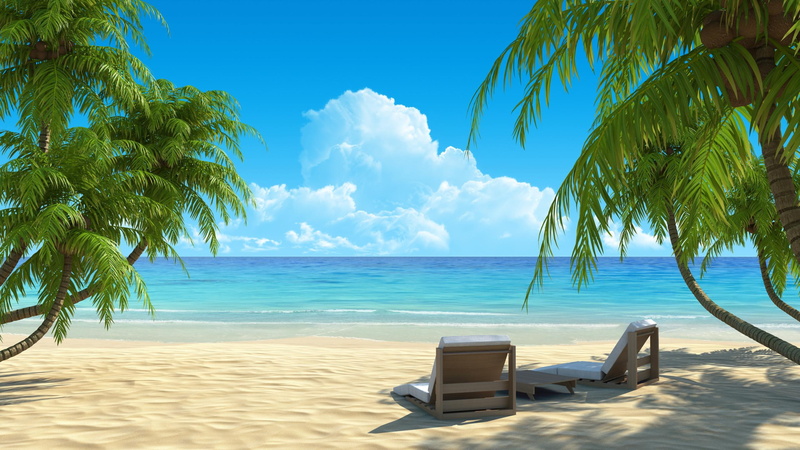paradise, tree, green, beach, tropical, tropical beach, nature, relax, blue, sand, palms, 2K, waves, clouds, chair