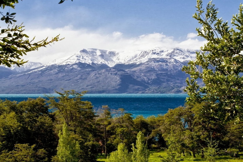 480P, lake, landscape, snowy peak, nature, trees, Patagonia, Chile, grass, mountains