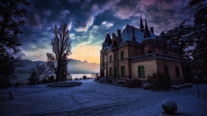 1080P, nature, sky, schloss hunegg, cloud, dusk, thunersee, castle, chateau, architecture, hilterfingen, switzerland, winter, building, bern, tree, evening