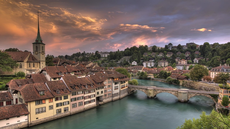 brown, bern, houses, bridge, concrete, clouds, nature and landscapes, city, 1080P, switzerl, aare, river