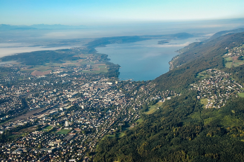 residential district, tree, environment, biel, bern, outdoors, townscape, architecture, town, biel-bienne, high angle view, switzerland, mountain, cloud - sky