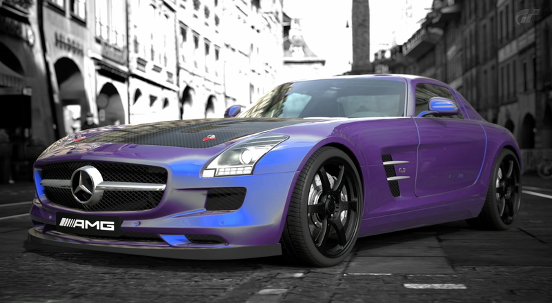 gt5, video game, day, 1080P, mercedes-benz, city, mercedes-benz sls amg, transportation, wheel, mercedes, amg, benz, street, purple, land vehicle, modern