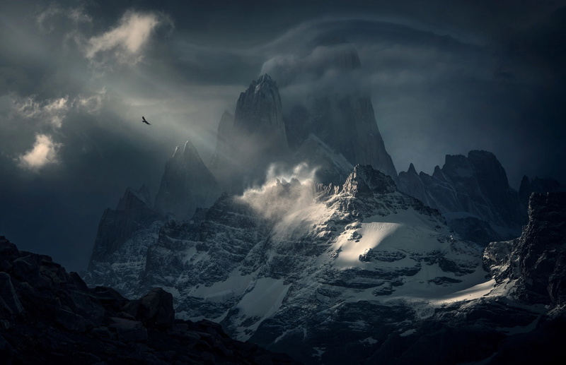 mountains, Patagonia, 1080P, bird, clouds, Fitzroy, Condor, South America, the sky