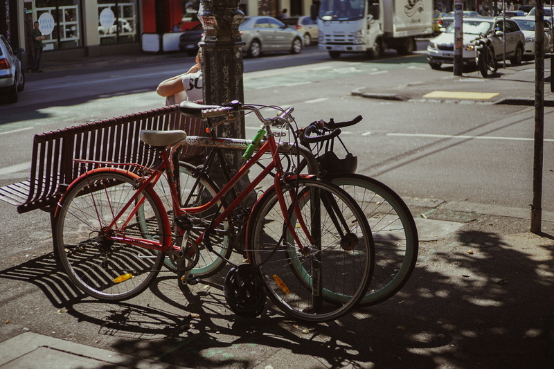 sunny, vacation, pole, fitzroy, mode of transportation, sun, day, orange, backpacker, retro, transportation, velo, outdoors, bike, bicycle, melbourne, road