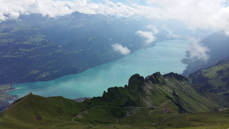 mountain range, volcanic crater, mountain, lake, tranquil scene, idyllic, mountains, cloud - sky, tranquility, lake brienz, beauty in nature, red horn