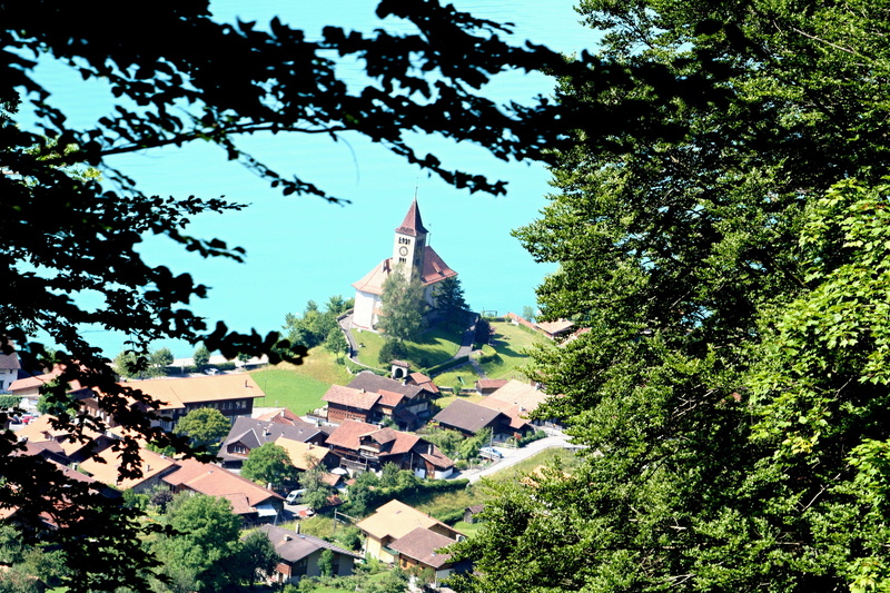 outdoors, lake of brienz, booked, building exterior, switzerland, haze, church, green color, home, spire, brienz, day, 2K, spirituality, nature, religion