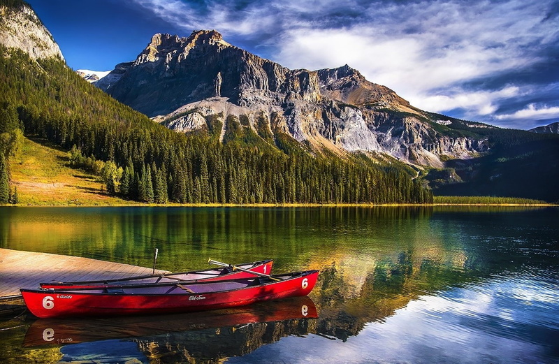 720P, landscape nature lake mountain forest canoes water reflection sunlight yoho national park canada
