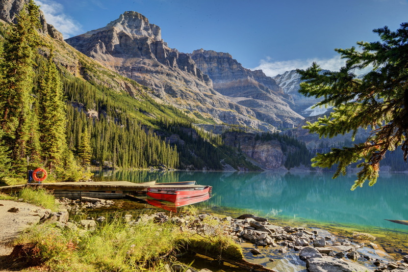 sky, wooden, transportation, 1080P, alberta, boat, landscape, water, jasper - Canada, mountain Peak, day, mode of transportation, green Color, banff National Park
