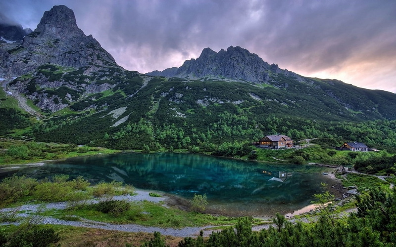 forest, emerald, 720P, cabin, lake, dirt road, nature, landscape, Slovakia, grass, mountains, water