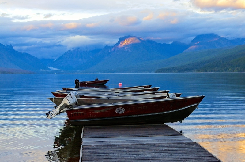 tranquil scene, moored, park, lake mcdonald, boat, woods, nautical vessel, mountains, landscape, national, fishing boat, scenic, rental boats, clouds, nature